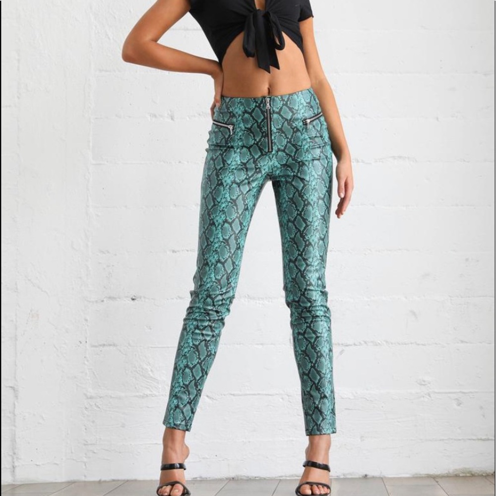 Pearl Blue Snake Print Faux Leather Pants